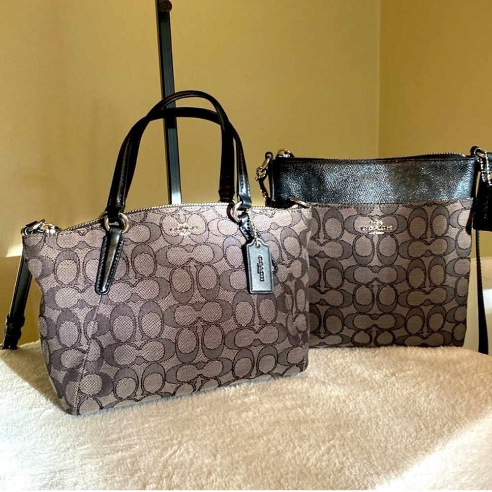 2pcs Mini KELSEY Satchel Crossbody Outline Canvas Jacquard Black.
